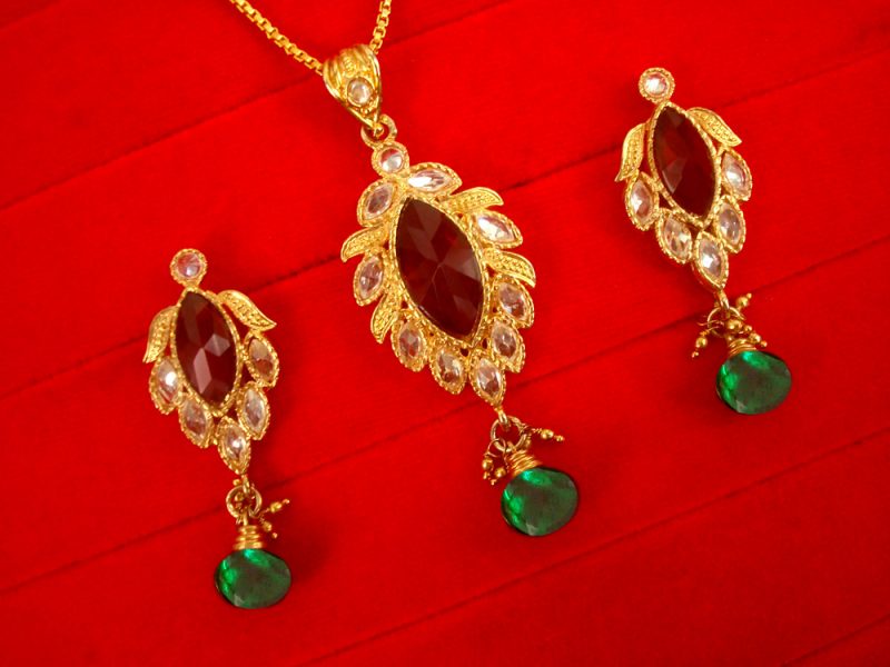 Imitation Jewlery Charming Golden Maroon Crystal Green Hanging Pendant Earring Set Christmas Celebration PP12