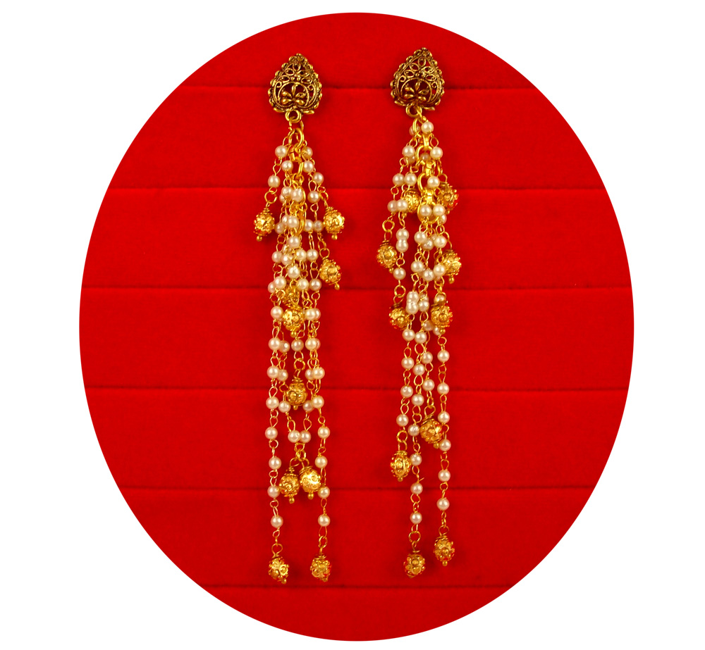 Imitation Jewelry Designer Handmade Pearl Long Hanging Earring With Small golden Beads Christmas Celebration FE80 