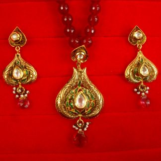 Party Wear Designer Premium Pendant Earring Set With Maroon Onyx Chain Chrtmas Gift For Wife NH80