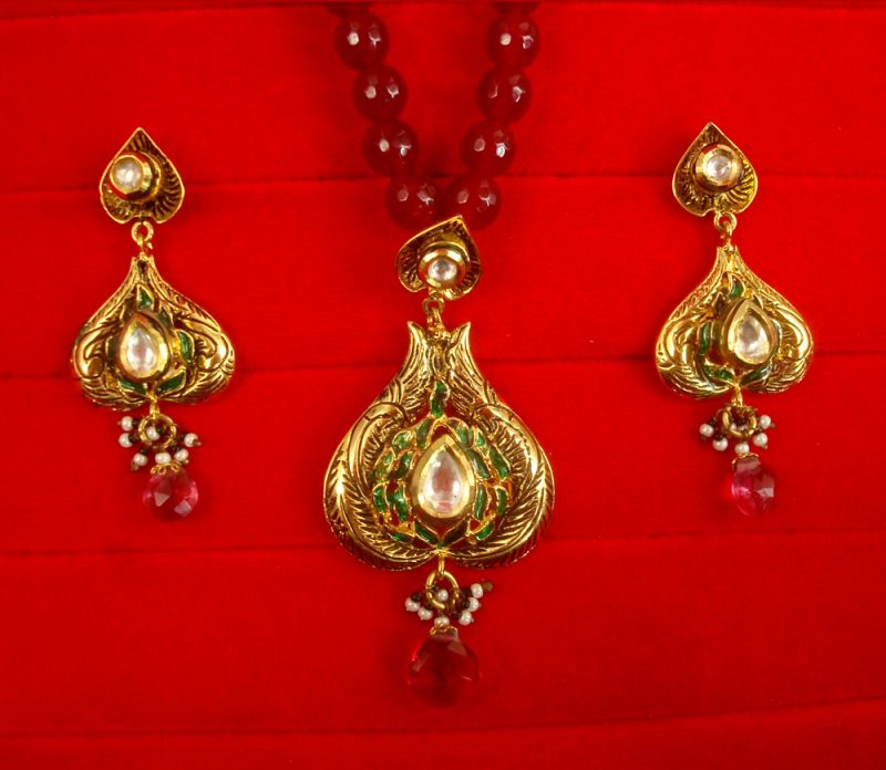 Party Wear Designer Premium Pendant Earring Set With Maroon Onyx Chain Chrtmas Gift For Wife NH80