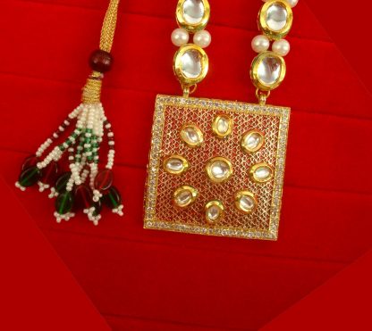 Traditional Indian Style Orange Zircon Square Pendant With Handmade Oval Kundan Pearl Chain Christmas Gift For Wife NH72
