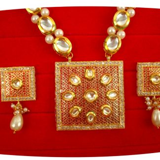 Traditional Indian Style Orange Zircon Square Pendant With Handmade Oval Kundan Pearl Chain Christmas Gift For Wife NH72