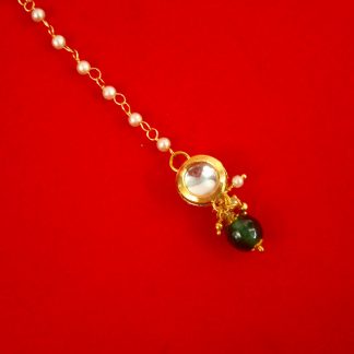 Wedding Wear Elegant Kundan Designer Tiny Cute Pearl Chain Maang Tikka With Green Hanging Bead For Girls Christmas Gift For Her ZMG33