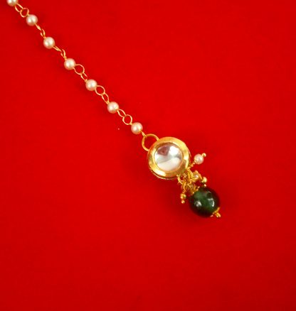 Wedding Wear Elegant Kundan Designer Tiny Cute Pearl Chain Maang Tikka With Green Hanging Bead For Girls Christmas Gift For Her ZMG33
