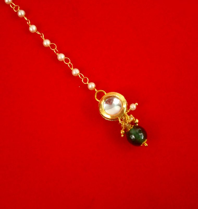 Wedding Wear Elegant Kundan Designer Tiny Cute Pearl Chain Maang Tikka With Green Hanging Bead For Girls Christmas Gift For Her ZMG33