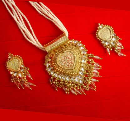 Wedding Wear Royal Touch Golden Heart Meenakari Pendant With Small Creamy Beaded Necklace Chain Earring Set Christmas Gift For Wife NH73