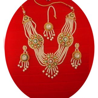 Artificial Bollywood Designer Pearl Necklace Earring Maang Tikka Set For Wedding NH34