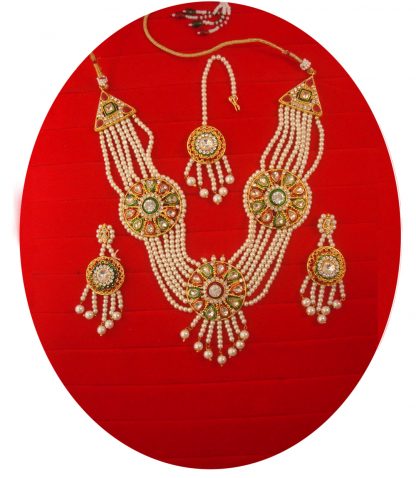 Artificial Bollywood Designer Pearl Necklace Earring Maang Tikka Set For Wedding NH34