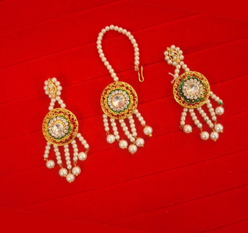 Artificial Bollywood Designer Royal Touch Pearl Earring Maang Tikka Set For Wedding NH34