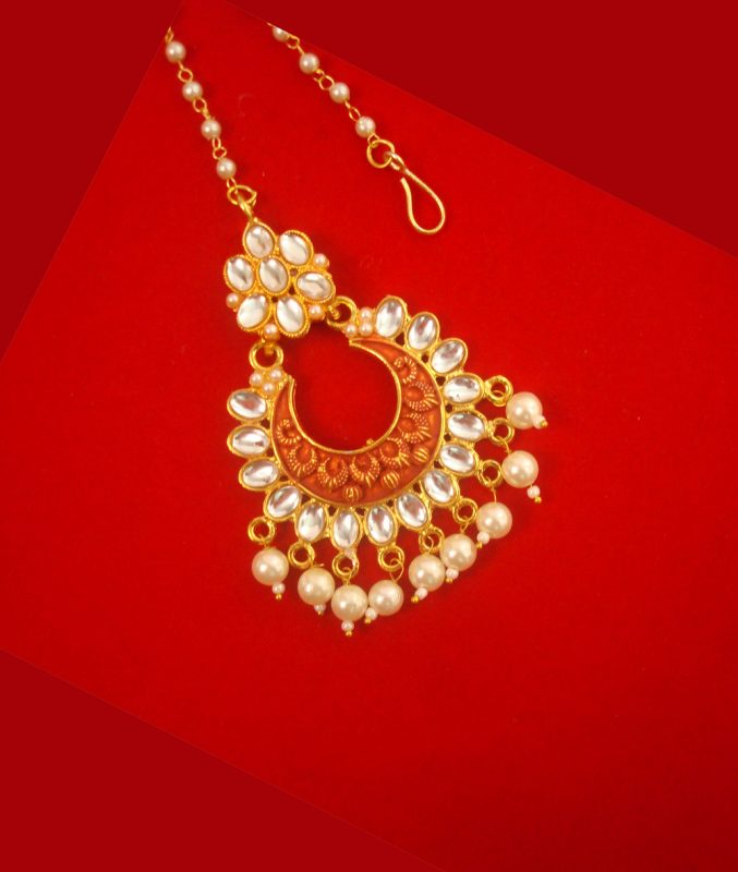 Artificial Jewelry Wedding Wear Royal Touch Golden Maroon Maang Tikka Christmas Celebration ZMG50