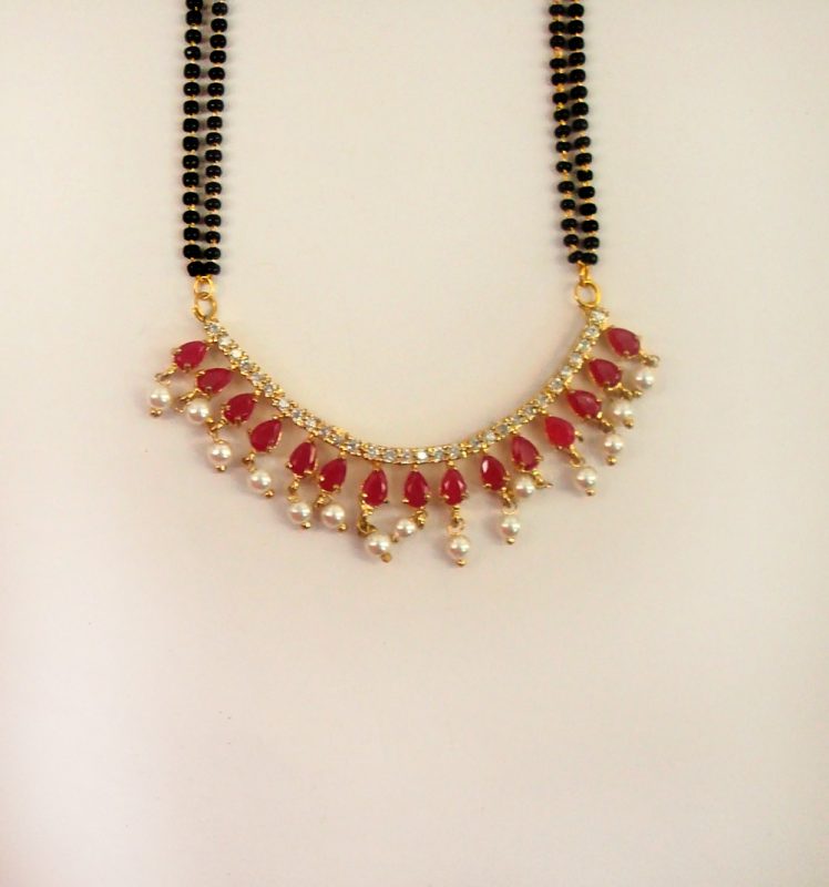 Imitation Jewelry Designer Daily Wear Royal Touch Ruby Shade Mangalsutra With Hanging Pearl Gift For Christmas DM48B