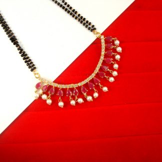 Imitation Jewelry Designer Daily Wear Royal Touch Ruby Shade Mangalsutra With Hanging Pearl Gift For Christmas DM48B