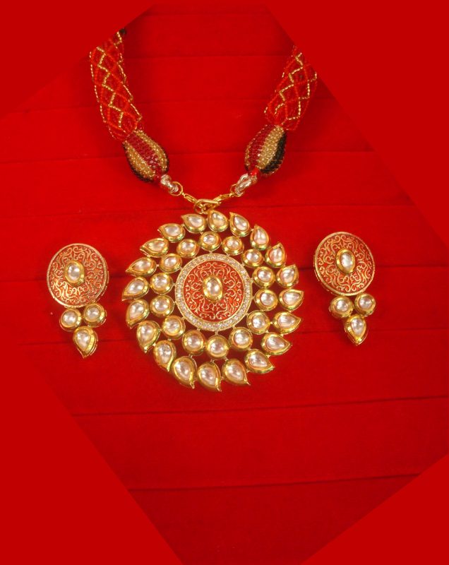 Imitation Jewelry Wedding Wear Traditional Kundan Meenakari Pendant Dori Necklace Earring NH96 