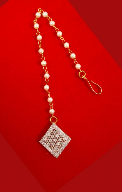  Buy Designer Wedding Wear Tiny Cute Maang Tikka With a Creamy Pearl Chain For Girls ZMG51