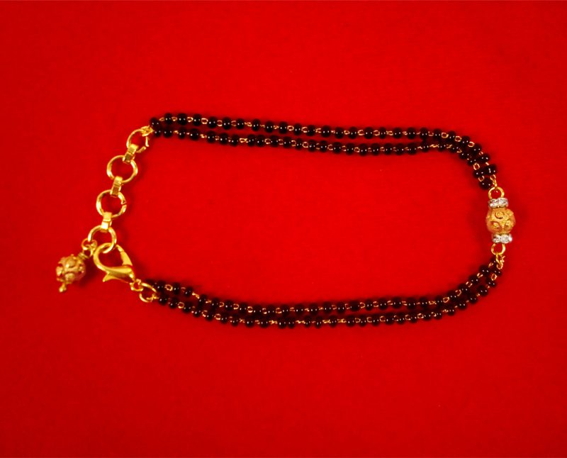 CLARA 925 Sterling Silver Leaf Hand Mangalsutra Bracelet Black Beads,