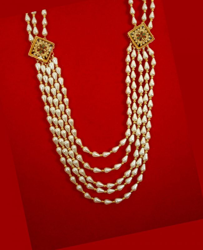 Daphne Handmade Jaipuri Square Brooch Royal Three Layer Creamy Drop Pearl Necklace For Groom (Girls and Woman can also wear in Wedding ) DN38