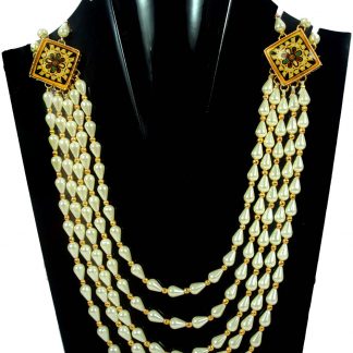 Daphne Handmade Jaipuri Square Brooch Royal Three Layer Creamy Drop Pearl Necklace For Groom (Girls and Woman can also wear in Wedding ) DN38