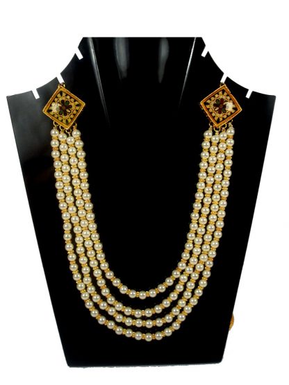 Daphne Handmade Jaipuri Square Brooch Royal Three Layer Creamy  Pearl Necklace For Groom (Girls and Woman can also wear in Wedding ) DN41