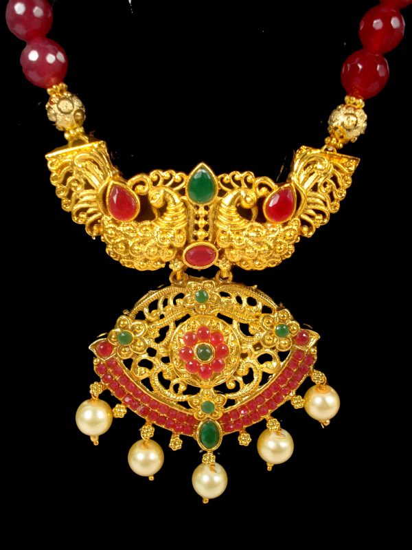  Imitation Jewelry South Indian Traditional Gold Plated Maroon Green Pendant Necklace For Woman DN24