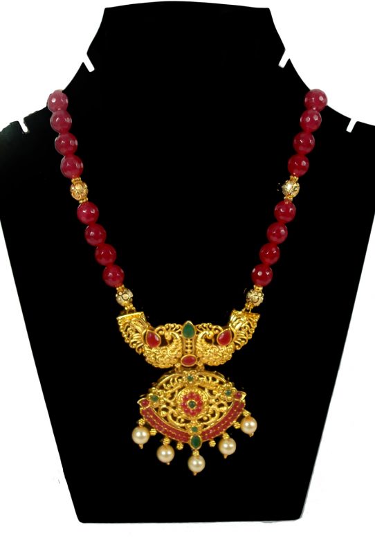  Imitation Jewelry South Indian Traditional Gold Plated Maroon Green Pendant Necklace For Woman DN24
