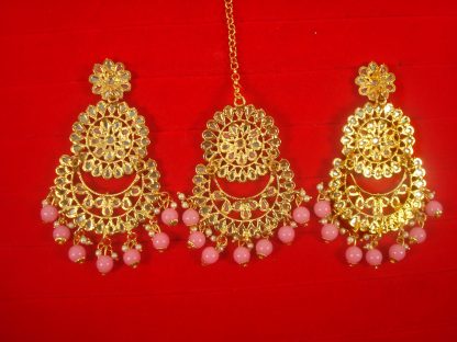 Imitation Jewelry Trending Wedding Wear Designer Golden Baby Pink Maang Tikka Earring Set Back ViewFor Bridal EM63