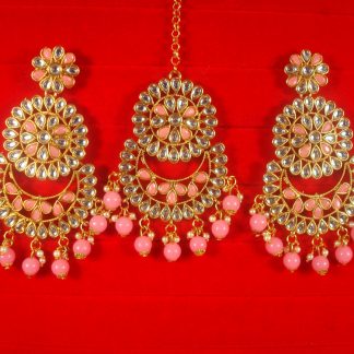 Imitation Jewelry Trending Wedding Wear Designer Golden Baby Pink Maang Tikka Earring Set For Bridal EM63