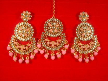 Imitation Jewelry Trending Wedding Wear Designer Golden Baby Pink Maang Tikka Earring Set For Bridal EM63