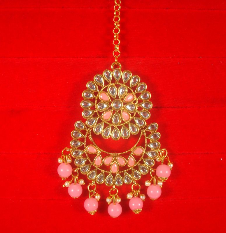 Imitation Jewelry Trending Wedding Wear Designer Golden Baby Pink Maang Tikka Set For Bridal EM63