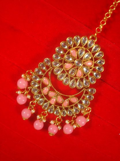 Imitation Jewelry Trending Wedding Wear Designer Golden Baby Pink Maang Tikka Set For Bridal EM63