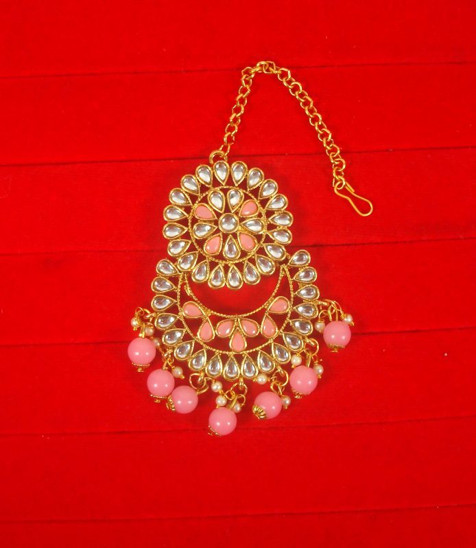 Imitation Jewelry Trending Wedding Wear Designer Golden Baby Pink Maang Tikka Set For Bridal EM63