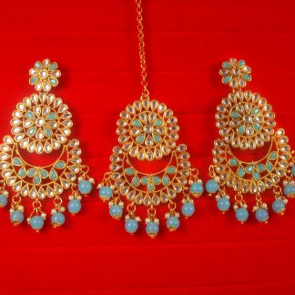 Imitation Jewelry Trending Wedding Wear Designer Golden Firozi Maang Tikka Earring Set For Bridal EM61