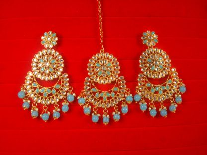 Imitation Jewelry Trending Wedding Wear Designer Golden Firozi Maang Tikka Earring Set For Bridal EM61