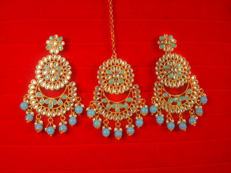 Imitation Jewelry Trending Wedding Wear Designer Golden Firozi Maang Tikka Earring Set For Bridal EM61