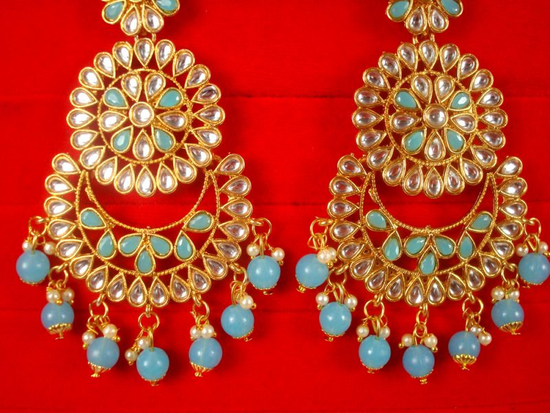 Imitation Jewelry Trending Wedding Wear Designer Golden Firozi Maang Tikka Earring Set For Bridal EM61