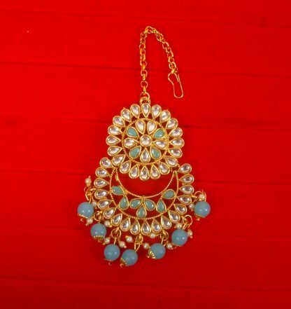 Imitation Jewelry Trending Wedding Wear Designer Golden Firozi Maang Tikka Earring Set For Bridal EM61