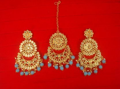 Imitation Jewelry Trending Wedding Wear Designer Golden Firozi Maang Tikka Earring Set For Bridal EM61 back view