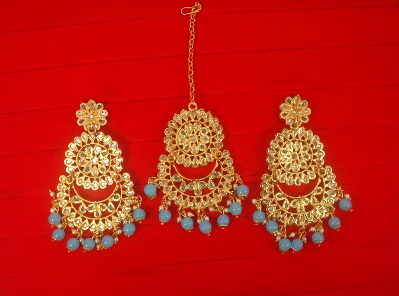 Imitation Jewelry Trending Wedding Wear Designer Golden Firozi Maang Tikka Earring Set For Bridal EM61 back view