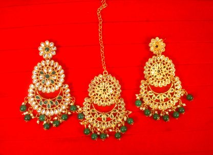 Imitation Jewelry Trending Wedding Wear Designer Golden Green Maang Tikka Earring Set For Bridal Back View EM60