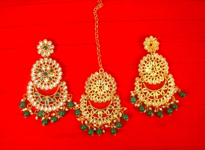 Imitation Jewelry Trending Wedding Wear Designer Golden Green Maang Tikka Earring Set For Bridal Back View EM60