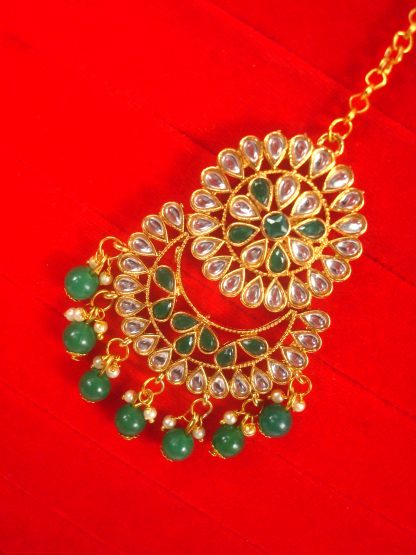 Imitation Jewelry Trending Wedding Wear Designer Golden Green Maang Tikka Earring Set For Bridal EM60