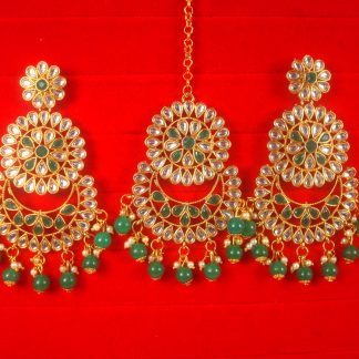 Imitation Jewelry Trending Wedding Wear Designer Golden Green Maang Tikka Earring Set For Bridal EM60