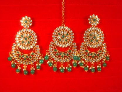 Imitation Jewelry Trending Wedding Wear Designer Golden Green Maang Tikka Earring Set For Bridal EM60