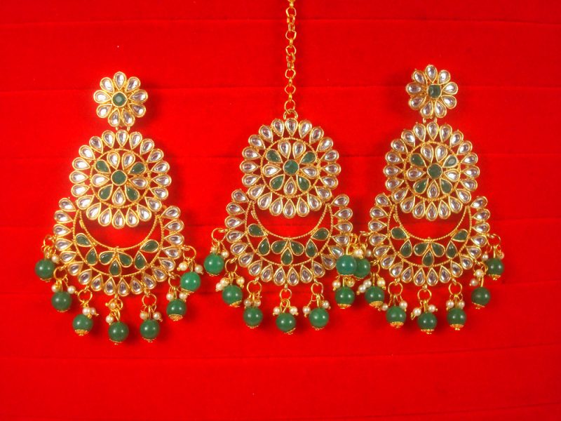Imitation Jewelry Trending Wedding Wear Designer Golden Green Maang Tikka Earring Set For Bridal EM60