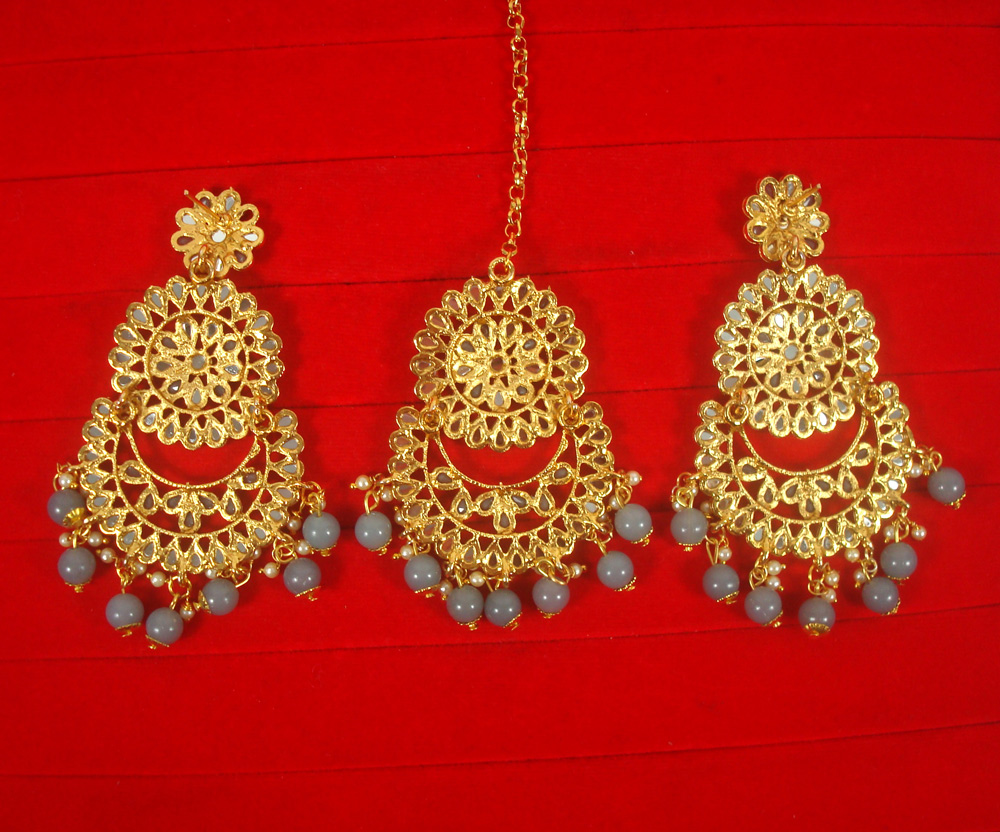 Grey Kundan Pippal Patti Jhumka Oversized Tikka Set – Amazel Designs