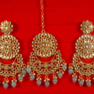 Imitation Jewelry Trending Wedding Wear Designer Golden Grey  Maang Tikka Earring Set For Bridal EM65