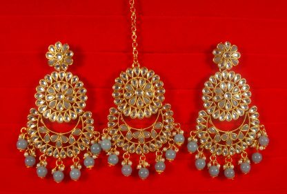 Imitation Jewelry Trending Wedding Wear Designer Golden Grey  Maang Tikka Earring Set For Bridal EM65