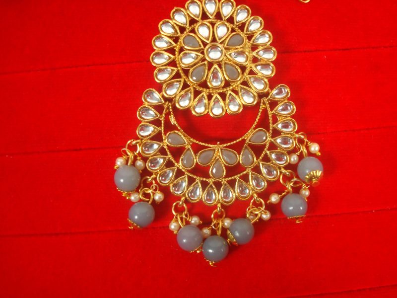 Imitation Jewelry Trending Wedding Wear Designer Golden Grey  Maang Tikka Set For Bridal EM65