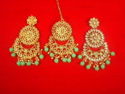Imitation Jewelry Trending Wedding Wear Designer Golden Light Green Maang Tikka Earring Set For Bridal Back View EM64
