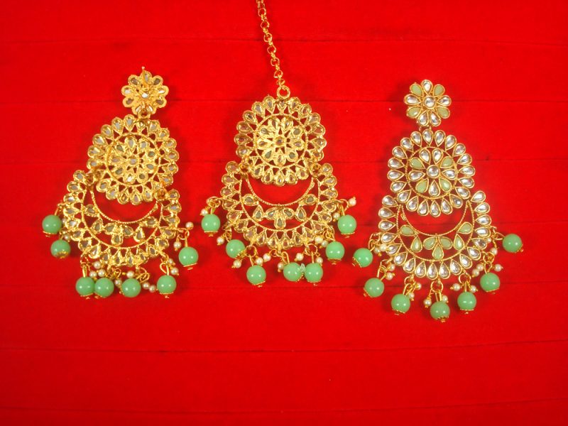 Imitation Jewelry Trending Wedding Wear Designer Golden Light Green Maang Tikka Earring Set For Bridal Back View EM64