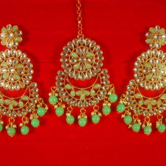 Imitation Jewelry Trending Wedding Wear Designer Golden Light Green Maang Tikka Earring Set For Bridal EM64